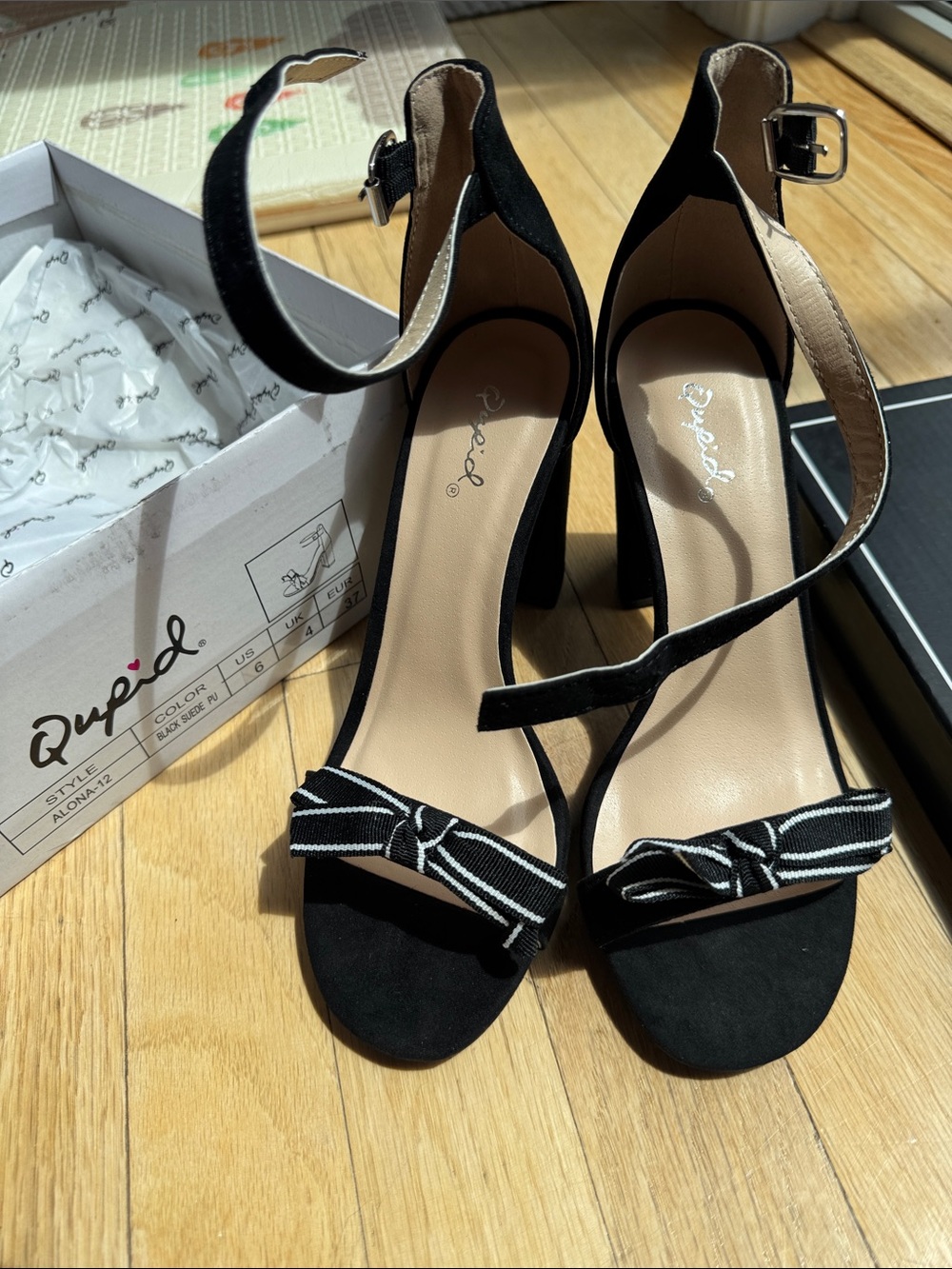 Qupid Black Strappy Heels with Striped Bow Detail